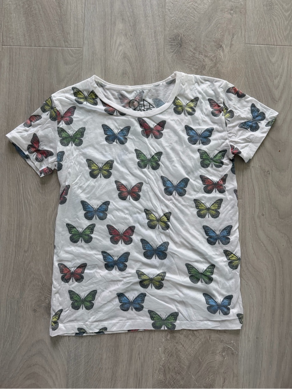 Chaser White Short Sleeve Tee with Multicolor Butterfly Print